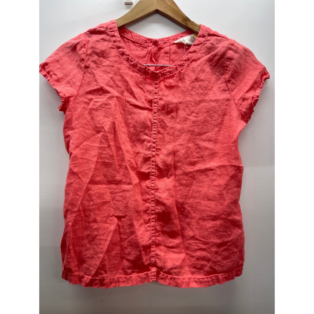 C&C California Womens Coral Pink 100% Linen Button Back Short Sleeve Top XS